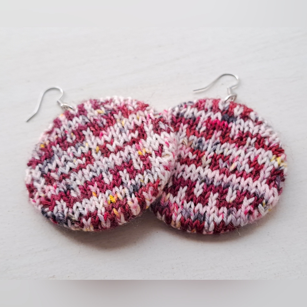 Hand Knitted Circle Colorwork Earrings Pink White Hand Dyed Yarn